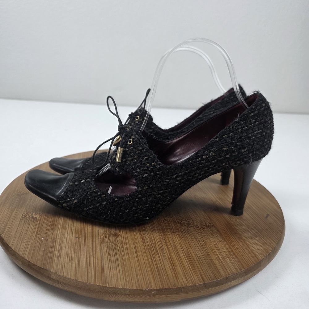 Chanel Shoes Womens Size 9.5 Black Tweed Lace Up Cap Toe Heels Italy Pumps